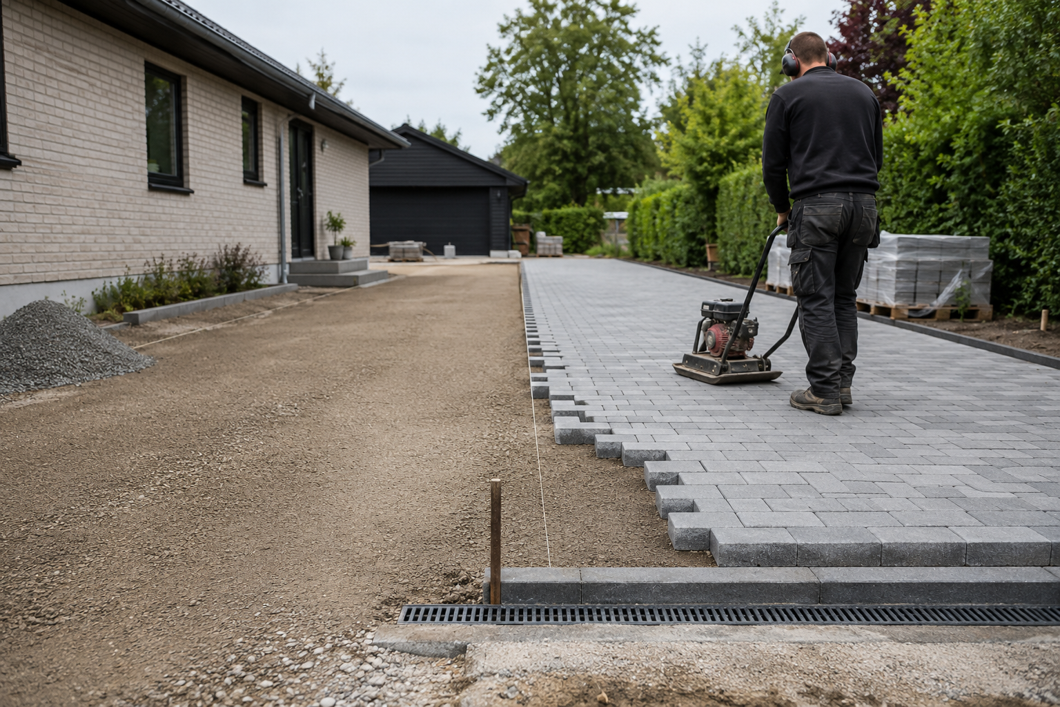 Indkørsel under opbygning med komprimeret grus, belægningssten og linjeafvanding.