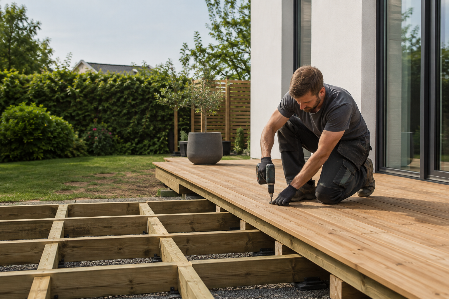 Træterrasse under opbygning med synlig konstruktion af bjælker, strøer og terrassebrædder.