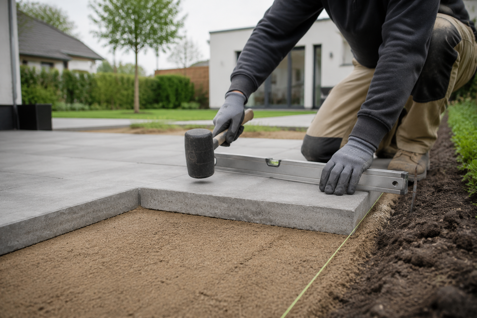 Person lægger betonfliser på et afrettet sandlag og kontrollerer belægningen med vaterpas.